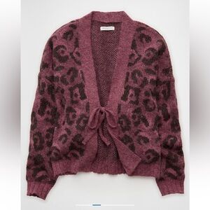 American Eagle Whoa So Soft Tie Front Leopard Print Knit Cardigan Dusty Pink Xl